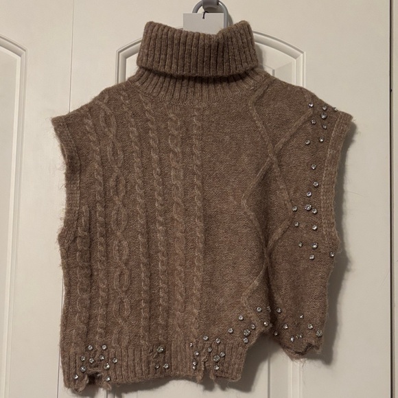 Nwt. Zara Brown Turtleneck Sweater with Embellishments. - Picture 1 of 8